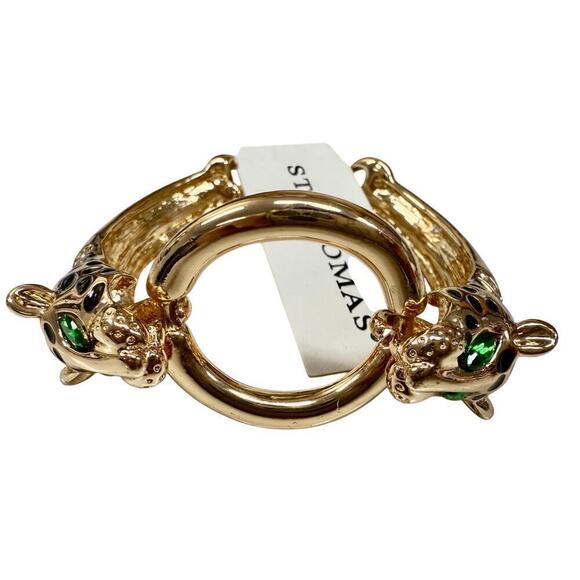 NEW Vintage St Thomas Gold Tone Green Eyes Double Leopard Head Toggle Bracelet - Picture 6 of 6